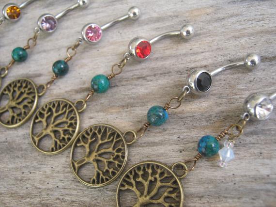 Choose One Tree Of Life Belly Ring, Bronze Belly Button Ring, Azurite & Malachite, Birthstone Navel Piercing, Nature Body Jewelry, Tree