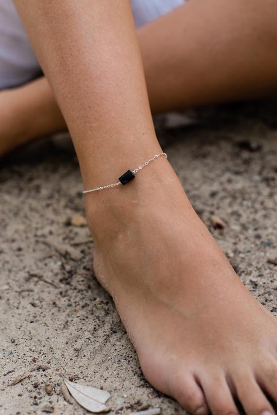 Raw Black Tourmaline Crystal Nugget Anklet Bracelet In Gold, Silver, Bronze Or Rose Gold - 8" Chain With 2" Adjustable Extender