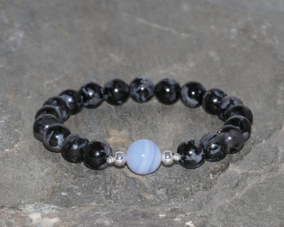 Gabbro And Blue Chalcedony Beaded Bracelet, 8mm Igneous Rock Gabbro, 10mm Blue Chalcedony, Natural Gemstone Bracelet, Black & Blue Bracelet