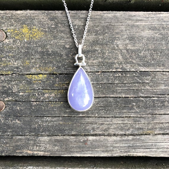 Natural Blue Chalcedony Pendant, Blue Agate Silver Necklace, Minimal Design, Sky Blue Chalcedony Necklace, Handmade And Silver