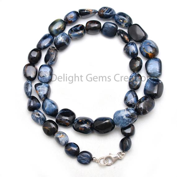 Blue Pietersite Beaded Necklace, 8x9-10x14mm Pietersite Smooth Tumble Beads Necklace, Pietersite Jewelry, Rare Gemstone / 18 Inches Necklace