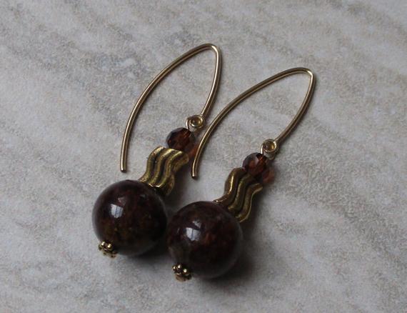 Brown Earrings With V Ear Wire | Pietersite  Earrings | Brown Stone Earrings