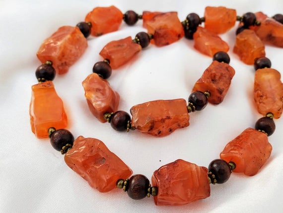 Chunky, Boho Carnelian Necklace With Wood, & Brass Beads. Red Orange Autumn Colored Luminous Stones. Hand-knapped Stones