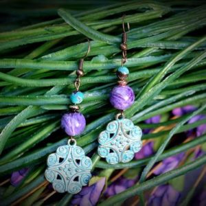 Shop Charoite Jewelry! 10mm Purple Charoite 6mm Hubei Turquoise Antique Brass Drop Dangle Gemstone Earrings | Natural genuine Charoite jewelry. Buy crystal jewelry, handmade handcrafted artisan jewelry for women.  Unique handmade gift ideas. #jewelry #beadedjewelry #beadedjewelry #gift #shopping #handmadejewelry #fashion #style #product #jewelry #affiliate #ad