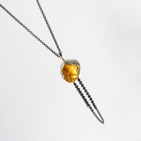 Raw Citrine Necklace Yellow Orange Gemstone Pendant Silver 14k Rose Gold Long Boho Chain Dangle Detail Rustic Fun Southwest - Golden Fringe