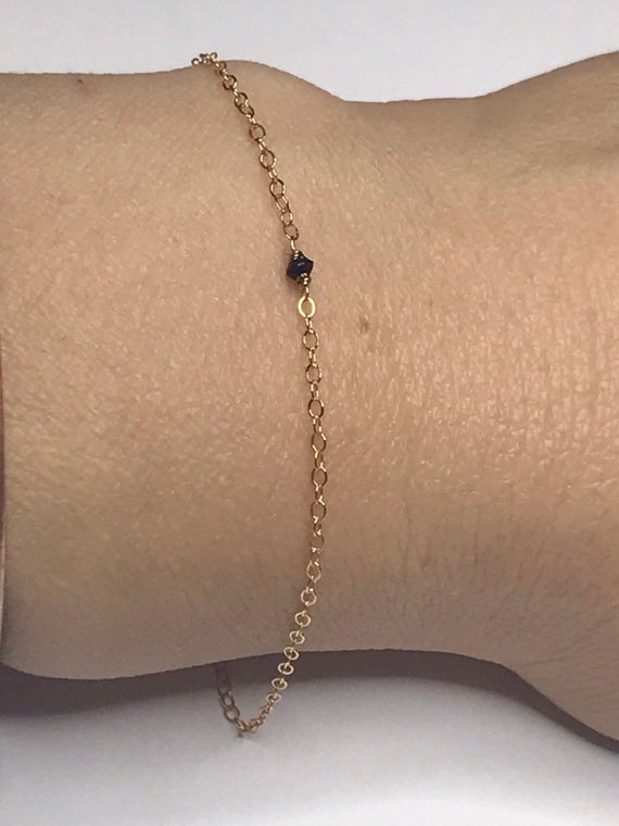 Tiny Black Raw Diamond 14k Gold Bracelet.  Small Diamond Chain.  Minimalist Bracelet. Delicate Jewelry. Wire Wrapped.