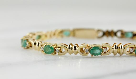 Emerald Diamond Gold Tennis Bracelet, Vintage Emerald Link Bracelet, May Birthstone Bracelet, Anniversary Gift, 907861