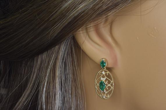 Natural Oval Emerald And Diamond Earrings In 14k Gold | May Birthstone | Fine Jewelry | Free Shipping | Dainty Earrings | Gold Earrings
