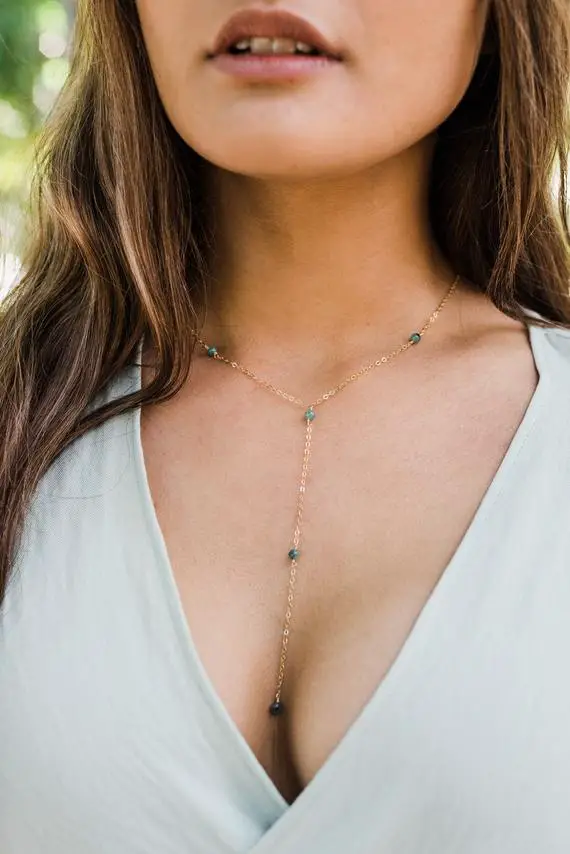 Emerald Crystal Bead Chain Lariat Necklace In Bronze, Silver, Gold Or Rose Gold - 16" Chain With 2" Adjustable Extender. May Birthstone