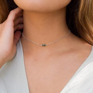 Shop Emerald Necklaces! Dainty green emerald gemstone thin choker necklace in bronze, silver, gold or rose gold – 12" with 2" adjustable extender. May birthstone | Natural genuine Emerald necklaces. Buy crystal jewelry, handmade handcrafted artisan jewelry for women.  Unique handmade gift ideas. #jewelry #beadednecklaces #beadedjewelry #gift #shopping #handmadejewelry #fashion #style #product #necklaces #affiliate #ad