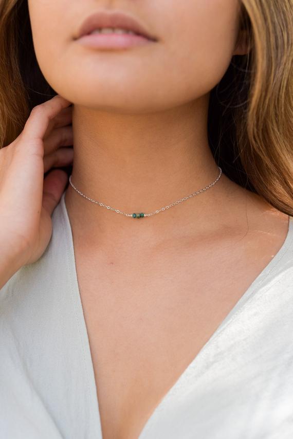 Dainty Green Emerald Gemstone Thin Choker Necklace In Bronze, Silver, Gold Or Rose Gold. May Birthstone Gift. Adjustable. Handmade To Order.