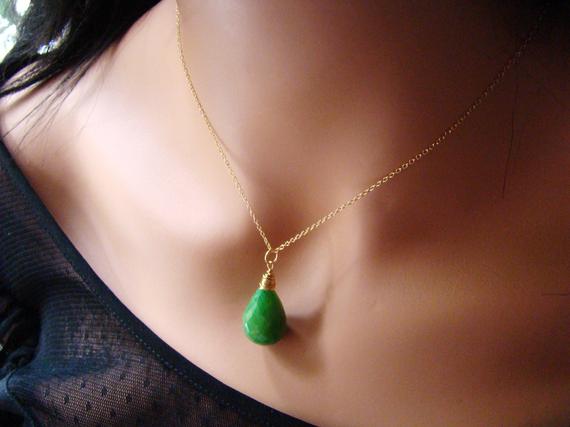 Natural Green Indian Emerald Drop Pendant 14k Gold Necklace. Emerald Teardrop Solitaire. May Birthstone Jewelry.  Grass Green Gemstone.