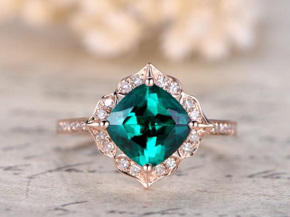 Emerald Engagement Ring 7mm Cushion Cut Emerald Wedding Ring May Birthstone Ring Pave Diamond Wedding Band 14k Rose Gold