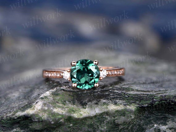 Three  Stone Emerald Engagement Ring Solid 14k Rose Gold Ring Real Diamond Ring Emerald Ring Vintage May Birthstone Wedding Promise Ring