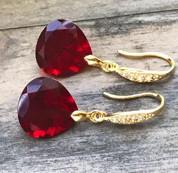 Burgundy Garnet Gold Pave Earrings. Heart Cut Garnets. Red Stone Jewelry. Red Garnet Dangles. Dark Red Garnet Drops. Junuary Birthstone.