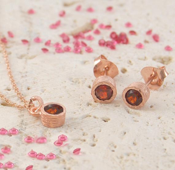 Garnet Jewelry Set Rose Gold Necklace And Earrings Set Gemstone Jewellery Garnet Necklace Garnet Earrings January Birthstone Gift Set