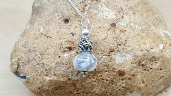 White Howlite Necklace. Bali Silver. Small Minimalist Pendant. Reiki Jewelry Uk. Gemini Jewelry