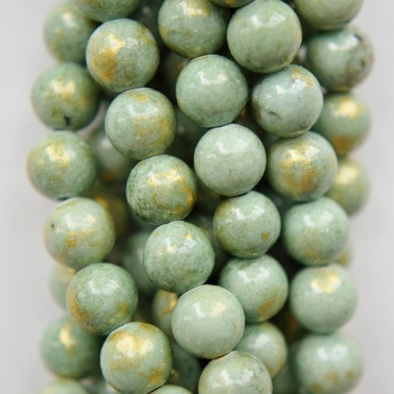 6 Mm Golden Foil Jade Beads - Round 6 Mm Light Moss Green Colored Beads, Semi Precious Gemstone Beads - Full Strand 16", 65 Beads