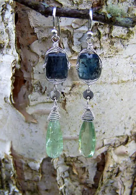 Blue And Green Kyanite,  Sterling Silver French Earwire Earrings