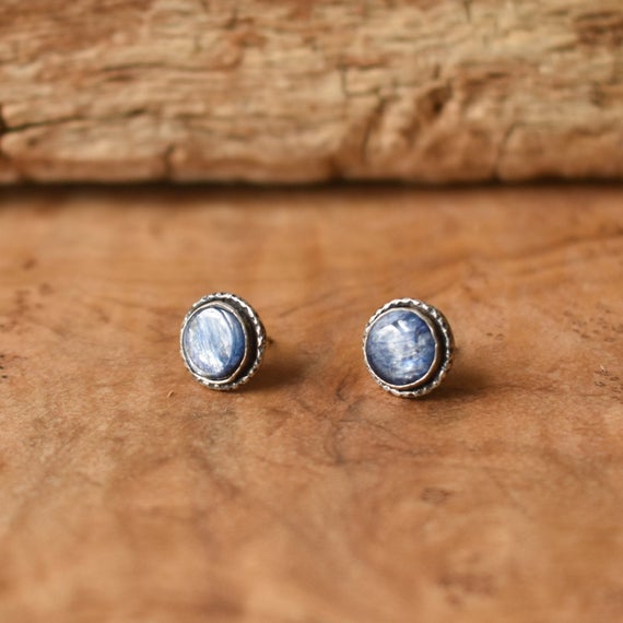 Hammered Kyanite Earrings - Blue Kyanite Studs - Sterling Silver Posts - Blue Kyanite Posts