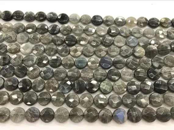 Faceted Gray Labradorite Madagascar 10mm Flat Round Cut Grade A Natural Coin Beads 15 Inch Jewelry Bracelet Necklace Material Supply