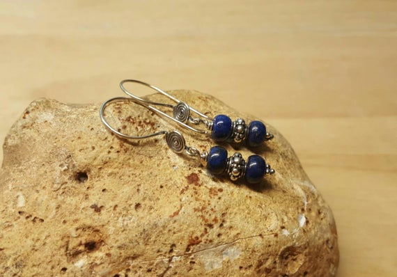 Lapis Lazuli Earrings. Bali Silver Beads. Reiki Jewelry Uk. September Birthstone. Drop Earrings. Dangle Earrings