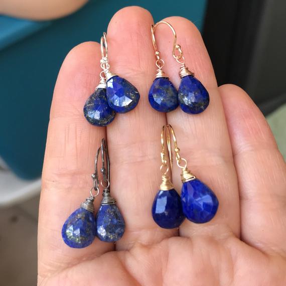 14k Gold Fill Blue Lapis Lazuli Posts Earrings, Dangles, Gemstone Jewelry. Sterling Silver, Rose Gold, Tarnished Drops.