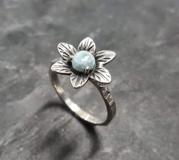 Larimar Ring, Natural Larimar, March Birthstone, Silver Flower Ring, Blue Vintage Ring, Flower Ring, Unique Stone Ring, Solid Silver Ring