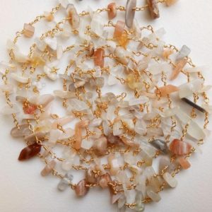 Shop Moonstone Chip & Nugget Beads! 5-10mm Multi Moonstone Wire Wrapped Chip Beads, Moonstone Rosary Style Beaded Chain, 925 Silver Gold Plated Necklace (1Foot To 5Feet Option) | Natural genuine chip Moonstone beads for beading and jewelry making.  #jewelry #beads #beadedjewelry #diyjewelry #jewelrymaking #beadstore #beading #affiliate #ad