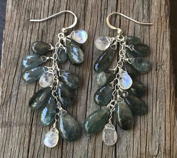Long Moonstone Blue Moss Aquamarine Cascade Earrings Sterling Silver.  Tassel Earrings.  Natural Gemstone Jewelry.  Statement Dangles.  Gift