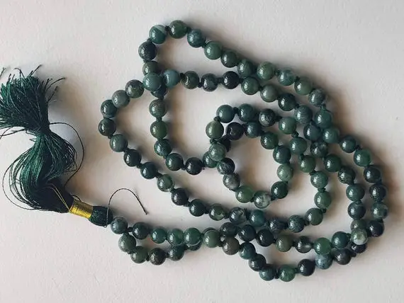 6.5mm Moss Agate Gemstone Prayer Beads, 108 Mala Beads, Yoga Beads, Meditation Beads, Healing Beads, Japp Mala (1st To 5st Option) - Ant113m