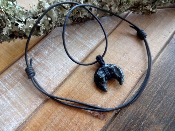 Black Obsidian Or Opalite Crescent Moon Adjustable Leather Necklace / Root Chakra Black Pendant Grounding Necklace