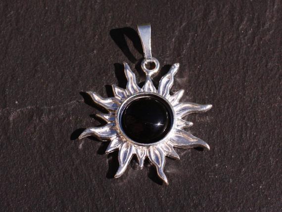 Pendentif Argent 925 Et Pierre - Soleil 28mm - Onyx Noir Rond 10mm