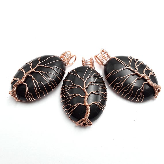 Black Onyx Tree Pendant Copper Wire Wrap Oval Size 30x40mm Sold Per Piece