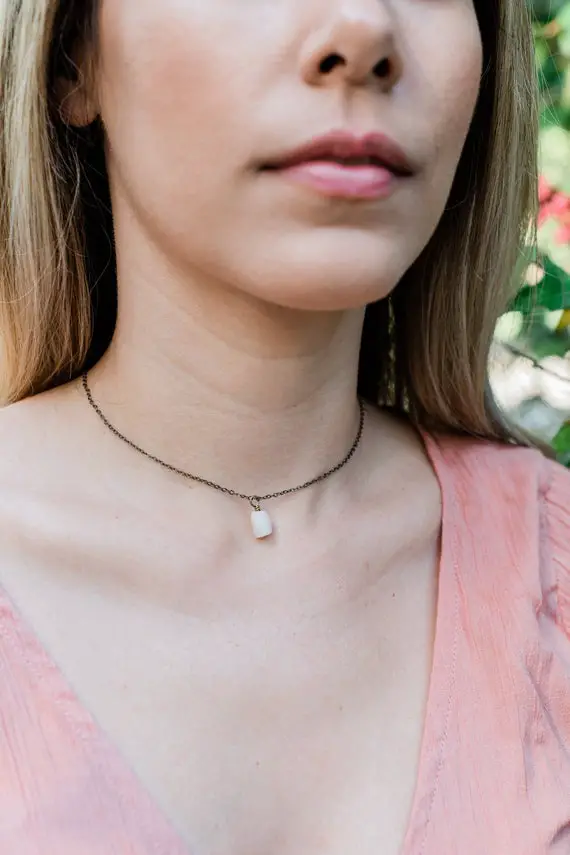 Tiny Raw Pink Peruvian Opal Gemstone Pendant Choker Necklace In Gold, Silver Or Rose Gold. October Birthstone Gift. Handmade To Order