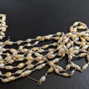 Shop Pearl Bead Shapes! 3-5mm Fresh Water Pearl Beads Connector Chains in 925 Silver Wire Wrapped Rosary Style Chain By Foot, Fancy Fresh Water Pearl Chains – PPH8 | Natural genuine other-shape Pearl beads for beading and jewelry making.  #jewelry #beads #beadedjewelry #diyjewelry #jewelrymaking #beadstore #beading #affiliate #ad