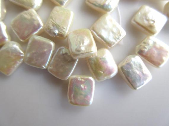 White Flat Rectangle Shaped Side Drilled Fresh Water Pearl Beads, High Lustre Fancy Shaped Loose Pearls, 15 Inches, 9x11mm Each, Sku-fp40