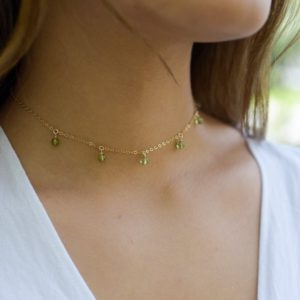 Boho green peridot dangle bead drop choker necklace in bronze, silver, gold or rose gold – 12" with 2" extender. August birthstone | Natural genuine Gemstone necklaces. Buy crystal jewelry, handmade handcrafted artisan jewelry for women.  Unique handmade gift ideas. #jewelry #beadednecklaces #beadedjewelry #gift #shopping #handmadejewelry #fashion #style #product #necklaces #affiliate #ad