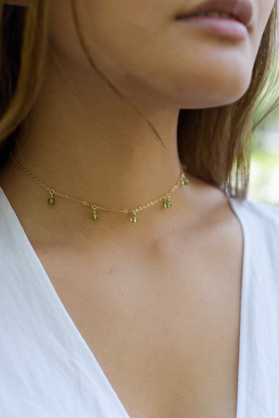 Boho Green Peridot Dangle Bead Drop Choker Necklace In Bronze, Silver, Gold Or Rose Gold - August Birthstone. Adjustable. Handmade To Order.