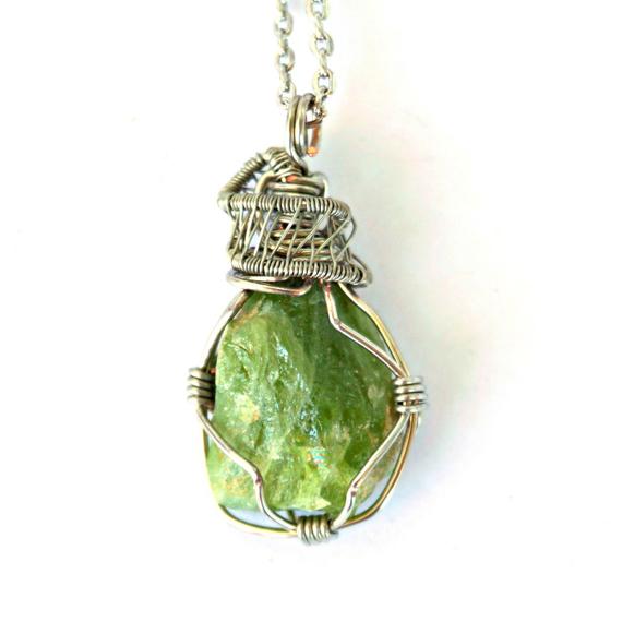Raw Peridot Necklace - August Birthstone Necklace - Mens Peridot Necklace - Wire Wrapped Pendant- Boyfriend Birthday Gift