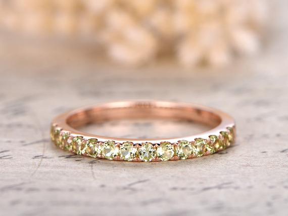 14k Rose Gold Wedding Band Full Eternity Ring Peridot Engagement Ring Stackable Ring Pave Peridot Ring Peridot Wedding Ring