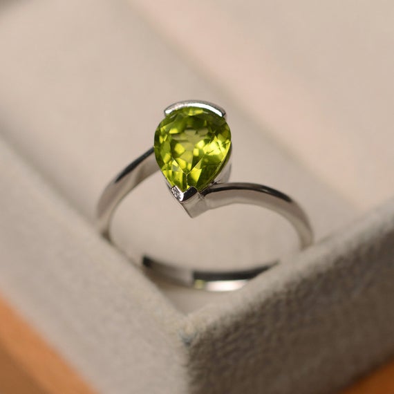Natural Peridot Ring, Peat Cut Engagement Ring, Sterling Silver Ring, Green Gemstone Ring, August Birthstone Ring, Solitaire Ring