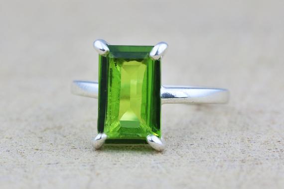 Rectangular Peridot Ring · Rectangle Ring · Silver Ring · August Birthstone Ring · Sterling Silver Stack Ring · Green Ring