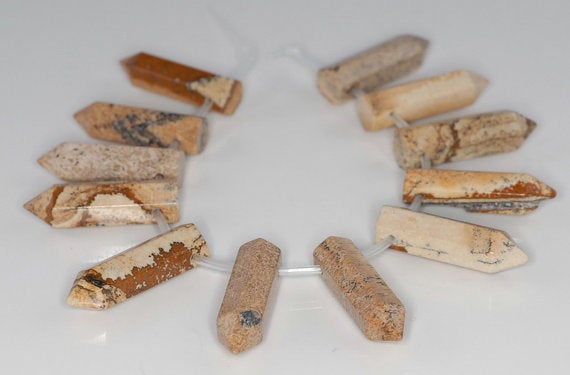 31x8mm Picture Jasper Gemstone Point Healing Chakra Hexagonal Point Focal Bead Full Strand 12 Beads (90183778a-368)