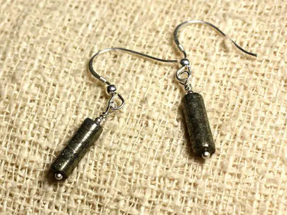 925 Sterling Silver Earrings - Gold Pyrite Tubes 13mm