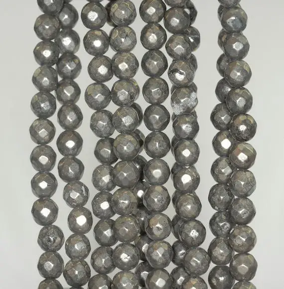 6mm Iron Pyrite Gemstone Dark Faceted Round Loose Beads 7.5 Inch Half Strand (90189015-b79)
