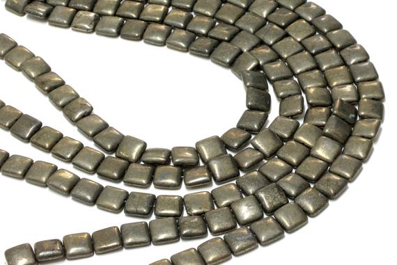 Gu-6097 - A Grade Pyrite Puffy Squares - 12mm - Gemstone Beads - 16" Full Strand