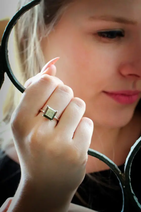 Pyrite Ring · Square Grey Ring · Gemstone Ring · Natural Stone Ring · Semiprecious Ring · Cocktail Ring · Pyrite Jewelry · Prong Ring