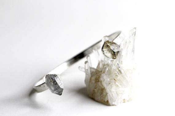 Raw Quartz Bracelet - April Birthstone - Open Silver Cuff - Crystal Bracelet - Double Stone Bracelet