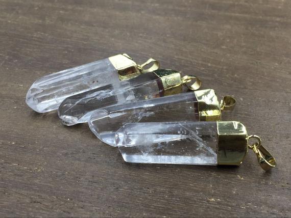 3-10pcs Wholesale Clear Quartz Pendant Polished Natural Quartz Crystal Pendant 24k Gold Plated B Grade Bulk Quartz Crystal Pendant